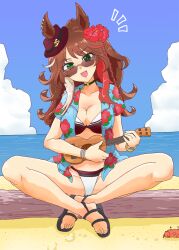  animal_ears ashitaba_tomorou bare_legs beach bikini blue_sky braid brown_hair choker clouds day ears_through_headwear fedora flower forever_young_(umamusume) green_choker green_eyes hair_flower hair_ornament hat hawaiian_shirt holding holding_instrument holding_ukulele horse_ears horse_girl instrument long_hair multicolored_hair ocean open_mouth outdoors playing_instrument red-tinted_eyewear sandals shirt sitting_on_log sky streaked_hair sunglasses swimsuit tinted_eyewear ukulele umamusume 