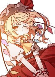  1girl ascot blonde_hair collared_shirt commentary_request crystal crystal_wings flandre_scarlet frilled_shirt_collar frilled_skirt frilled_wrist_cuffs frills hat hat_ribbon highres illust_atelier3 looking_at_viewer mob_cap multicolored_wings one-hour_drawing_challenge one_eye_closed one_side_up puffy_short_sleeves puffy_sleeves red_eyes red_skirt red_vest red_wrist_cuffs ribbon shirt short_sleeves simple_background skirt skirt_set solo touhou vest watermark white_background white_hat white_shirt wings wrist_cuffs yellow_ascot 