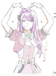  1girl 6th_live_dream_~bloom_garden_party~ animification arms_up black_bow bloom_the_smile_bloom_the_dream! bow bowtie closed_mouth commentary_request dress frilled_sleeves frills gloves grey_eyes hair_bow hanamiya_nina heart_arms jacket long_hair love_live! love_live!_hasu_no_sora_jogakuin_school_idol_club mole mole_under_eye open_clothes open_jacket paint_chat_(medium) pink_dress pink_jacket porari puffy_short_sleeves puffy_sleeves purple_hair real_life short-sleeved_jacket short_sleeves smile solo straight_hair voice_actor white_bow white_bowtie white_gloves 