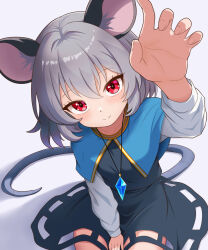  1girl animal_ear_fluff animal_ears arm_up between_legs blue_capelet capelet closed_mouth collarbone commentary_request cowboy_shot dot_nose gold_trim grey_hair grey_skirt grey_vest hair_between_eyes hand_between_own_legs highres jewelry kisaragi_koushi leaning_forward light_blush long_sleeves looking_at_viewer medium_hair mouse_ears mouse_girl mouse_tail nazrin pendant reaching reaching_towards_viewer red_eyes shirt simple_background sitting skirt smile solo split_mouth tail touhou vest white_background white_shirt 