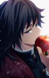  1boy absurdres apple black_hair black_jacket blue_eyes buttons commentary_request demon_slayer_uniform eating food fruit half-closed_eyes hand_up haori high_collar highres holding holding_food holding_fruit jacket japanese_clothes kikkoumon kimetsu_no_yaiba looking_at_viewer low_ponytail male_focus may_(illust_man_2020) ponytail print_haori red_haori signature simple_background solo spiky_hair tomioka_giyuu upper_body white_background 