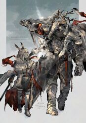  1boy 1girl absurdres adoptive_parent_and_adoptive_child animal_ears animal_skull antlers arknights armor black_gloves boots cape coat deer_antlers deer_skull ear_ornament father_and_child father_and_daughter frostnova_(arknights) full_body gloves grey_eyes grey_hair helmet highres holding holding_sword holding_weapon hood hooded_coat horns long_hair looking_at_another looking_up mask open_clothes open_coat open_mouth parent_and_child patriot_(arknights) rabbit_ears red_eyes rokunose scar scar_on_face scar_on_nose shirt skull_mask standing sword thigh-highs thigh_boots twitter_username walking weapon white_coat 