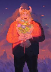  1boy absurdres asgore_dreemurr beard blonde_hair blush bouquet deltarune english_commentary facial_hair fangs floppy_ears furry furry_male goat_horns highres holding holding_bouquet lodgebert looking_at_viewer male_focus open_mouth skin_fangs smile utdr_(toby_fox) 