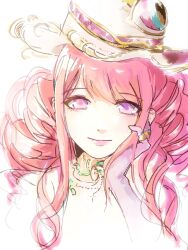  1girl bare_shoulders bead_necklace beads chinese_commentary choker closed_mouth commentary_request covenant_of_time_(infinity_nikki) cropped_torso drill_hair eye_on_hat eyelashes eyes_visible_through_hair gloves gold_ring green_choker hand_on_own_cheek hand_on_own_face happy hat heterochromia highres infinity_nikki jewelry light_blush lipstick lishao_lishao long_hair looking_at_viewer low_twintails makeup multiple_rings necklace nikki_(series) nostrils official_alternate_color pink_eyes pink_gloves pink_hair pink_hat pink_lips ring ring_on_every_finger sidelocks simple_background smile solo straight-on twin_drills twintails violet_eyes wavy_hair white_background wizard_hat 