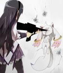  akemi_homura black_hair bullet_hole chiro_(pez777) from_behind gun hairband kyubey long_hair magical_girl mahou_shoujo_madoka_magica pantyhose weapon 