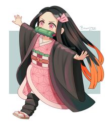  1girl bawnzee black_coat black_hair black_socks bow coat dated_commentary english_commentary geta hair_bow highres japanese_clothes kamado_nezuko kimetsu_no_yaiba kimono long_hair mouth_hold multicolored_hair orange_hair pink_bow pink_eyes pink_kimono running sidelocks socks two-tone_hair very_long_hair 