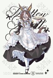  1girl ahoge alternate_costume animal_ears apron black_dress black_shoes blue_eyes breasts brown_hair cup dream_journey_(umamusume) dress eyewear_strap glasses hair_between_eyes holding holding_own_dress holding_tray horse_ears horse_girl horse_tail long_hair long_sleeves looking_at_viewer maid maid_apron maid_headdress multicolored_hair open_mouth pantyhose saucer shoes small_breasts smile solo streaked_hair tail tray two-tone_hair umamusume welchino white_apron white_hair white_headdress white_pantyhose 