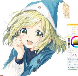  1girl :d aqua_cloak aqua_hat art_program_in_frame cloak coco_(tongari_boushi_no_atelier) commentary_request conical_hat cropped_shoulders green_eyes green_hair hand_on_own_cheek hand_on_own_face hand_up hat hat_tassel looking_at_viewer magicaldraw_(medium) paint_chat_(medium) qifrey's_atelier_apprentice_uniform sanbai2012 short_hair simple_background sketch smile solo tongari_boushi_no_atelier upper_body white_background wizard_hat 
