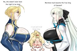  3girls ahoge artoria_pendragon_(fate) artoria_pendragon_(lancer)_(fate) black_dress blonde_hair blue_eyeshadow blue_gloves blue_leotard blue_nails blush blush_stickers braid breasts chibi choker cleavage_cutout clothing_cutout crown_braid crying dress drooling elbow_gloves english_text eyeshadow fate/apocrypha fate/grand_order fate_(series) gloves green_eyes high_ponytail highres huge_breasts large_breasts leotard makeup mordred_(fate) morgan_le_fay_(fate) mouth_drool multiple_girls nail_polish open_mouth ponytail shirt short_ponytail sideboob sidelocks simple_background snow_weiss_(xsnow_weissx) spiked_choker spikes white_background white_shirt wide_sleeves 