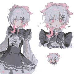  1girl :d ? ?? black_bow black_bowtie black_dress bow bowtie chibi chibi_inset cross-laced_clothes cross-laced_dress dress fang flower-trimmed_dress flower-trimmed_skirt gradient_hair hair_bow hair_ornament inagoinaire karaoke_manekineko layered_dress long_sleeves looking_at_viewer mahou_shoujo_no_majo_saiban multicolored_hair multiple_views open_mouth pink_bow pink_eyes pink_hair sakuraba_ema short_hair simple_background smile white_background white_hair white_sleeves x_hair_ornament 