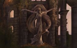  1girl absurdres arms_up braid church circlet dress elden_ring flower highres in-universe_location outdoors queen_marika_the_eternal ruins scenery sleeveless sleeveless_dress solo standing statue sunset xchii25655 