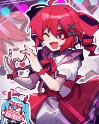  2girls :d ahoge aqua_hair black_bow bow bowtie bright_pupils character_name cheering chibi commentary dress drill_hair four-finger_heart_hands glowstick hair_between_eyes hatsune_miku headband heart heart_hands highres holding holding_sign idol idol_clothes jiu_(jiu076) kasane_teto multiple_girls one_eye_closed penlight_(glowstick) red-framed_eyewear red_bow red_bowtie red_dress red_eyes red_hair red_headband red_nails semi-rimless_eyewear sign smile stage_lights synthesizer_v twin_drills twintails under-rim_eyewear untranslatable_commentary utau vocaloid wagamama_de_nani_ga_warui_(synthesizer_v) white_dress white_pupils wristband 