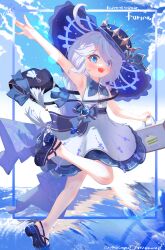  1girl absurdres ahoge alternate_costume bag bare_shoulders blue_eyes blue_hair blue_hat blue_shoes blush box dress furina_(genshin_impact) genshin_impact hair_between_eyes hat highres holding holding_box kozma_nate01 looking_at_viewer multicolored_hair open_mouth pastry_box shoes shoulder_bag sky smile solo splashing standing standing_on_one_leg streaked_hair sun_hat sundress water waving white_hair 