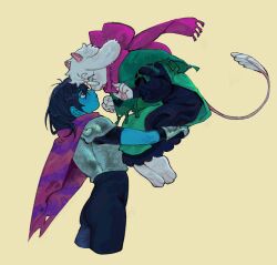  1boy 1other armor blue_skin blush carrying carrying_person colored_skin commentary deltarune english_commentary furry furry_male green_robe highres kris_(dark_world)_(deltarune) kris_(deltarune) looking_at_another open_mouth pawpads pink_scarf ralsei red_eyes robe round_eyewear scarf surprised susujenii utdr_(toby_fox) white_fur yellow_background 