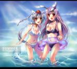 :d animal_ears bangs bell bikini black_bikini breasts bunny_ears choker collarbone floppy_ears hat innertube inubashiri_momiji long_hair lowres multiple_girls navel ocean open_mouth pony_(artist) purple_hair red_eyes reisen_udongein_inaba silver_hair smile swimsuit tail tokin_hat touhou wading water white_bikini wolf_ears wolf_tail