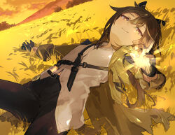  1girl absurdres animal_ears belt black_belt black_gloves black_pants bright_pupils brown_eyes brown_hair coat collared_shirt commentary cowboy_shot dutch_angle ear_covers english_commentary field film_cartridge fingerless_gloves gloves glowing glowing_hand grass hand_up highres hood hooded_coat horse_ears horse_girl horse_tail knee_up knife_sheath looking_at_viewer lying midriff_peek mountainous_horizon multicolored_hair on_ground open_clothes open_coat pants sheath shirt single_fingerless_glove smile solo stay_gold_(sunlit_outsider)_(umamusume) stay_gold_(umamusume) streaked_hair sunset tail torn_clothes torn_coat torn_sleeves umamusume untucked_shirt usetsu_illust white_shirt white_streaks wrist_belt yellow_coat 