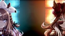  2girls absurdres almond_eye_(umamusume) animal_ears backlighting blue_eyes bow_hairband braid brown_hair ears_through_headwear fedora forever_young_(umamusume) green_eyes hairband hat highres horse_ears horse_girl long_hair looking_at_viewer multicolored_hair multiple_girls official_art red-tinted_eyewear red_streaks smile streaked_hair sunglasses symbol-shaped_pupils tinted_eyewear umamusume upper_body white_hairband white_streaks x-shaped_pupils 