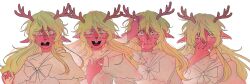  1girl absurdres alien_stage antlers blonde_hair blue_eyes bow capelet commentary covering_own_mouth crying deer_antlers deer_girl deltarune furry furry_female hand_on_own_chest hand_on_own_head highres horns jewelry long_hair nebbeli noelle_holiday noelle_holiday_(dark_world) open_mouth ring scene_reference smile tears utdr_(toby_fox) weird_route_(deltarune) white_background white_bow white_capelet zombie_stage 