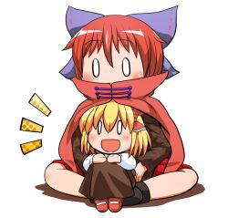  0_0 2girls :d black_shirt blonde_hair blush bow brown_skirt cape commentary_request full_body hair_between_eyes hair_bow hair_ribbon high_collar multiple_girls notice_lines open_mouth pleated_skirt purple_bow red_cape red_hair red_ribbon red_shoes red_skirt ribbon rokugou_daisuke rumia sekibanki shirt shoes short_hair simple_background sitting skirt smile touhou white_background 