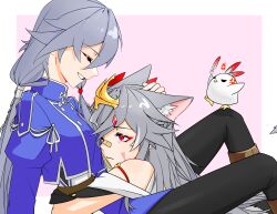  2girls absurdres anger_vein animal_ear_fluff animal_ears bandaid bandaid_on_face bandaid_on_nose between_legs black_pants blue_shirt cat_ears cat_girl chinese_commentary closed_eyes commentary_request fu_hua fu_hua_(valkyrie_accipiter) grey_hair herrscher_of_sentience highres honkai_(series) honkai_impact_3rd hug jingwei_(bird) kemonomimi_mode multiple_girls pants red_eyes shirt single_tear yuri zhishiyizhishilaimu 