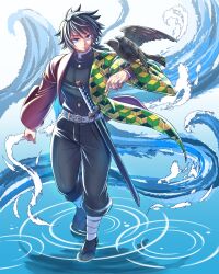  1boy absurdres animal_on_arm belt belt_buckle bird bird_on_arm black_hair black_jacket black_pants black_socks blue_eyes buckle buttons closed_mouth commentary_request crow demon_slayer_uniform fingernails hair_between_eyes hand_up haori high_collar highres jacket japanese_clothes kakusiinuko kanzaburou_(kimetsu_no_yaiba) katana kikkoumon kimetsu_no_yaiba long_hair low_ponytail male_focus pants ponytail print_haori red_haori sandals socks solo spiky_hair sword tomioka_giyuu water weapon white_belt 