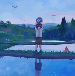  1boy absurdres alternate_costume arms_up bandaid bandaid_on_leg bird black_hair blue_shoes brown_shorts clouds commentary_request corphish grass highres holding holding_pokemon ivelovedsekaowa kieran_(pokemon) male_focus multicolored_hair open_mouth outdoors pokemon pokemon_(creature) pokemon_scarlet_and_violet poliwag purple_hair reflection reflective_liquid rice_paddy shirt shoes shorts signature sky socks standing water white_shirt wooper 