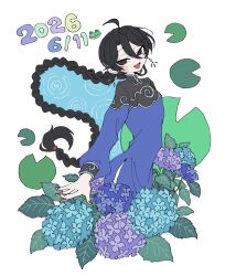 1boy 2026 bifuteki_(bi_futeki) black_eyes black_hair blue_changpao braid braided_ponytail changpao chinese_clothes cowboy_shot dated flower highres hydrangea lily_pad long_hair looking_at_viewer male_focus original ripples simple_background solo very_long_hair water white_background 