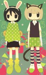  2girls animal_ears arms_at_sides bandaged_arm bandages black_hair black_skirt black_vest blonde_hair cat_ears cat_tail fake_animal_ears full_body green_shirt green_skirt highres long_sleeves miniskirt multiple_girls original pleated_skirt rabbit_ears shirt short_hair short_sleeves skirt standing straight-on striped_clothes striped_thighhighs tail thigh-highs tiantokot vest 