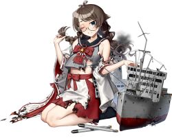  1girl akasaka_yuzu black_sailor_collar black_socks bow braid brown_hair burnt_clothes detached_sleeves fingerless_gloves full_body glasses gloves green_eyes grey_shirt hie_maru_(kancolle) kantai_collection kneeling low_twin_braids low_twintails official_art one_eye_closed pleated_skirt red_bow red_shoes red_skirt ribbon-trimmed_sleeves ribbon_trim rigging sailor_collar sailor_shirt shirt shoes skirt sleeveless sleeveless_shirt smoke socks solo third-party_source torpedo transparent_background twin_braids twintails white_gloves wince 