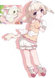  1girl animal_ears arm_warmers blonde_hair brown_eyes fake_wings highres humanization looking_at_viewer maid_headdress mary_janes peakychu pikachu pokemon pokemon_(creature) pokemon_pokopia screenshot_inset shoes shorts simple_background smile socks solo tail umirukode white_background wings 