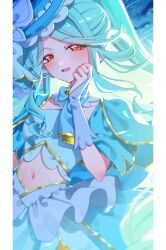  1girl aqua_capelet blue_hair blue_hat blush bridal_gauntlets brooch butterfly_hat_ornament capelet commentary_request cure_eclair frilled_tube_top frills glove_ribbon half-closed_eyes hand_on_own_face hat hat_ornament heart heart_brooch highres howa_kurea impossible_hair jewelry long_hair looking_at_viewer magical_girl meitantei_precure! navel nnnnchisso open_mouth orange_eyes precure smile solo strapless tube_top very_long_hair 