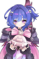  1girl absurdres ahoge arm_warmers bell black_arm_warmers black_bloomers bloomers blue_bloomers bone_hair_ornament bow cape capelet closed_mouth commentary dress genshin_impact goth_fashion gradient_ribbon hair_between_eyes hair_ornament highres holding jingle_bell long_sleeves looking_at_viewer nekot0_sabu pink_eyes prune_(genshin_impact) purple_hair ribbon screw_hair_ornament short_hair simple_background solo two-sided_capelet two-sided_fabric upper_body white_background 