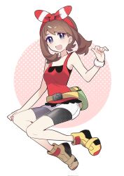  1girl :d bare_shoulders bike_shorts bike_shorts_under_shorts black_shorts blush bow bow_hairband bracelet breasts brown_hair commentary english_commentary fanny_pack full_body grey_eyes hair_bow hairband highres jewelry may_(pokemon) open_mouth pokemon pokemon_omega_ruby_and_alpha_sapphire red_bow red_hairband red_shirt shirt shocho_(shaojiujiu) shoes shorts simple_background sleeveless sleeveless_shirt small_breasts smile solo teeth upper_teeth_only white_shorts yellow_shoes 