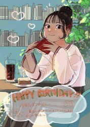  1girl animification black_hair book cake candle closed_mouth commentary_request dog drinking_straw fingernails food glass hair_bun hands_up happy_birthday heart highres holding holding_book long_sleeves looking_at_viewer multicolored_hair musical_note notice_lines open_book real_life red_hair sayokokoshi sitting smile solo translation_request two-tone_hair voice_actor yabushima_akane 