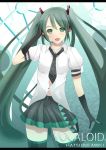  bad_id blush daiaru gloves green_eyes green_hair hair_ornament hatsune_miku jewelry long_hair necklace open_mouth solo standing thighhighs twintails vocaloid 