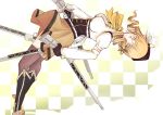  artist_request beret blonde_hair boots corset detached_sleeves drill_hair gun hat mahou_shoujo_madoka_magica rifle skirt smile solo source_request thigh-highs tomoe_mami weapon yellow_eyes 