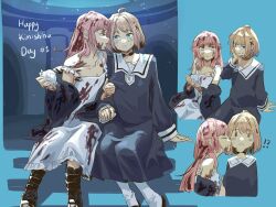  !? 2girls ahoge anjuro_zeeku blood blood_on_clothes blood_on_face blush brown_hair closed_eyes collarbone commentary dress food green_eyes highres holding holding_food kagari_mimi kimi_ga_shinu_made_koi_wo_shitai licking licking_another's_cheek licking_another's_face long_hair multiple_girls onigiri pink_eyes pink_hair romaji_commentary scene_reference school_uniform short_hair sitting totsuki_shiina white_dress yuri 