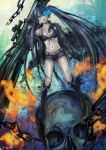  absurdres belt bikini_top black_hair black_rock_shooter black_rock_shooter_(character) blue_eyes boots chain chains gloves glowing glowing_eye highres lips long_hair midriff pony_(artist) scar signature skull solo twintails 