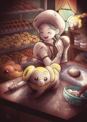  1girl :o ascot bag baguette baking_sheet bread brown_ascot brown_bag brown_gloves brown_hat brown_shirt can character-themed_food chef_hat closed_eyes closed_mouth combee commentary croissant curtains dachsbun dough english_commentary evolutionary_line eyelashes fidough flour food gloves green_hair hair_bun hat highres holding indoors katy_(pokemon) loaf_of_bread mangomeowie mixing_bowl mole mole_under_eye on_table open_mouth paper_bag pokemon pokemon_(creature) pokemon_scarlet_and_violet puffy_short_sleeves puffy_sleeves rolling_pin shelf shirt short_hair short_sleeves signature single_hair_bun sleeping smile spoon table window wooden_table 