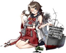  1girl akasaka_yuzu black_sailor_collar black_socks bow braid brown_hair burnt_clothes detached_sleeves fingerless_gloves full_body glasses gloves green_eyes grey_shirt hie_maru_(kancolle) kantai_collection kneeling low_twin_braids low_twintails official_art one_eye_closed pleated_skirt red_bow red_shoes red_skirt ribbon-trimmed_sleeves ribbon_trim rigging sailor_collar sailor_shirt shirt shoes skirt sleeveless sleeveless_shirt smoke socks solo third-party_source tongue tongue_out torpedo transparent_background twin_braids twintails white_gloves 