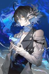  1boy ahoge arknights artist_name bare_shoulders bishounen black_hair black_vest blue_background blue_fire blue_hair blue_scarf character_name colored_inner_hair detached_sleeves ear_piercing earrings fire fish flower freckles hair_between_eyes hair_flower hair_ornament highres jewelry krab_(fumekrab) long_sleeves looking_at_viewer lumen_(arknights) male_focus multicolored_hair orange_eyes parted_lips piercing pointy_ears ring scarf shell shirt short_hair solo two-tone_hair upper_body vest white_shirt white_sleeves 