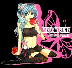  apple aqua_eyes aqua_hair bad_id character_name food fork fruit garter_straps hatsune_miku holding holding_apple holding_fork holding_fruit long_hair midriff mogami navel open_mouth sitting skirt solo thigh-highs thighhighs title_drop uduki0422 vocaloid wariza 