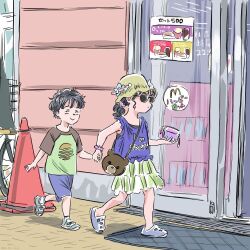  1boy 1girl animal_bag bag bear_bag black_hair blue_shorts bucket_hat child commentary_request crocs dmohashi green_hat green_skirt hair_ornament hair_scrunchie hat holding_hands mcdonald's original ponytail purple_scrunchie scrunchie shirt short_sleeves shorts shoulder_bag skirt sunglasses traffic_cone wrist_scrunchie 