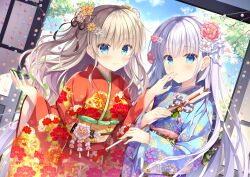  2girls absurdres alternate_costume arrow_(projectile) black_ribbon blue_eyes blue_kimono blue_sky blunt_ends blush camellia_print charlotte_(anime) closed_mouth clouds colored_eyelashes commentary_request company_connection covering_another's_mouth cowboy_shot crossover dutch_angle eyelashes eyes_visible_through_hair fingernails floating_hair floral_print flower genjiguruma grey_hair hair_between_eyes hair_flower hair_ornament hair_ribbon hamaya hand_over_another's_mouth highres holding holding_arrow japanese_clothes kanzashi key_(company) kimono lips long_hair long_sleeves looking_at_viewer multiple_girls naruse_shiroha new_year outdoors parted_lips peony_print pink_flower red_kimono ribbon second-party_source side-by-side sidelocks sky smile standing straight_hair summer_pockets takano_yuki_(allegro_mistic) tomori_nao tree two_side_up very_long_hair w_arms wavy_hair white_flower white_hair wide_sleeves wisteria_print yellow_flower 