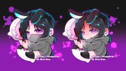  1girl alien_stage animal_ears artist_name black_hair body_pillow chibi chibi_only commentary congee_(hedgehrok) english_commentary grey_hoodie heart heart_in_eye highres holding holding_pillow hood hoodie kemonomimi_mode mask mizi_(alien_stage) mizi_(zombie_stage) mouth_mask pillow purple_background rabbit_ears rabbit_girl sua_(alien_stage) sua_(zombie_stage) symbol_in_eye tearing_up violet_eyes zombie_stage 