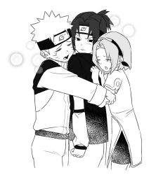  1girl 2boys :< =_= bike_shorts bkg0303 closed_eyes commentary_request dress forehead_protector frown greyscale hairband haruno_sakura headband highres hug jacket konohagakure_symbol korean_commentary monochrome multiple_boys naruto_(classic) naruto_(series) open_mouth ponytail short_hair shorts_under_dress spiky_hair team_7_(naruto) uchiha_sasuke uzumaki_naruto 