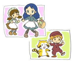  1boy 2girls :d animal apron bag black_pantyhose blonde_hair blue_eyes blue_hair boots brown_boots brown_hair brown_hat brown_jacket brown_pants brown_shoes brown_skirt chibi commentary_request grey_shirt grey_skirt hat holding holding_bag jacket kabiinyo_(kab) multiple_girls necktie newsboy_cap original pants pantyhose purple_necktie shirt shoes skirt smile torn_clothes torn_skirt white_apron white_shirt 
