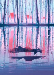  1girl artist_logo bare_tree barefoot birch_tree closed_mouth commentary complementary_colors day dress english_commentary floating lake logo loika long_hair lying on_side original outdoors red_sun reflection reflective_liquid scenery solo sun surreal tree water watermark web_address wide_shot 