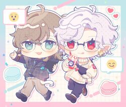  2boys :3 :d :q ahoge arm_up belt black_pants black_shirt black_shoes blue_border blue_eyes blush border brown_hair brown_pants brown_shoes buttons cellphone chibi chibi_only closed_mouth coffee collared_shirt commentary_request confetti crossed_bangs cup disposable_cup drinking_straw ear_piercing earrings emoji fanny_pack floral_print food glasses gold_earrings gradient_border grey_shirt grid_background hair_between_eyes heart heart-shaped_food holding holding_cup holding_phone iced_coffee jewelry kanae_(nijisanji) kuzuha_(nijisanji) layered_sleeves licking_lips long_sleeves looking_at_viewer macaron male_focus medium_hair mole mole_under_eye multiple_boys necklace nijisanji open_mouth outline outside_border outstretched_arm pants parted_bangs phone piercing pink_border plaid_clothes plaid_shirt pocket pointing pointy_ears puffy_long_sleeves puffy_sleeves puzzle_piece red_eyes rose_print round_eyewear shirt shirt_tucked_in shoes short_hair short_over_long_sleeves short_sleeves smartphone smartphone_case smile speech_bubble sweater tongue tongue_out virtual_youtuber watch watch whipped_cream white_background white_belt white_hair white_outline white_sweater yanagi_(sham0o081) 