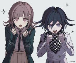  1boy 1girl black_hair buttons checkered_clothes checkered_scarf collared_shirt danganronpa_(series) danganronpa_2:_goodbye_despair danganronpa_v3:_killing_harmony flipped_hair hair_between_eyes hair_ornament highres hood jacket long_sleeves looking_at_viewer medium_hair nanami_chiaki neck_ribbon oguma_(ogm) oma_kokichi open_clothes open_jacket open_mouth pink_eyes pink_hair pink_ribbon pleated_skirt ribbon scarf shirt short_hair simple_background skirt smile sparkle teeth violet_eyes white_background white_shirt 